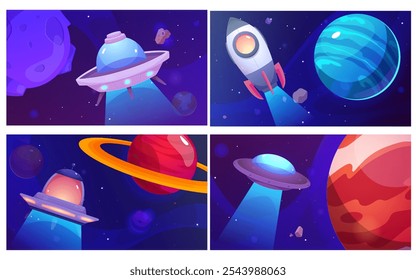 Conjunto de paisagens espaciais. Navios alienígenas voam entre planetas, asteroides e detritos de cometas e varrem o espaço. Marte, Saturno, Terra. Explorando as profundezas do universo. Galáxia. Fundo do vetor de desenhos animados.