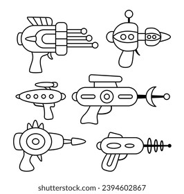 Set of space laser blasters of aliens. UFO weapons. Coloring page. Black and white. Color me. Isolated vector illustration eps