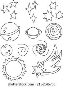 Set of space line art elements: stars, planets, wormhole, sun, comet