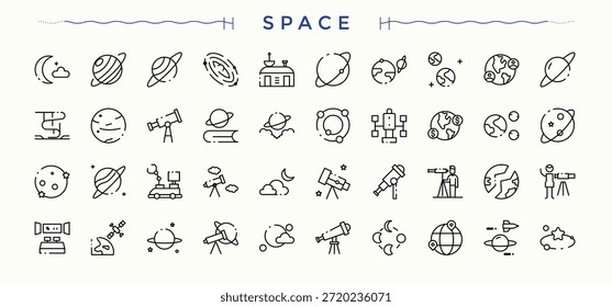 Conjunto de ícone de linha Espaço. Ícones de planeta para design de interface do usuário. Símbolo e Sinal. Conjunto de ícones do Cosmos. Coleções de traçados editáveis.