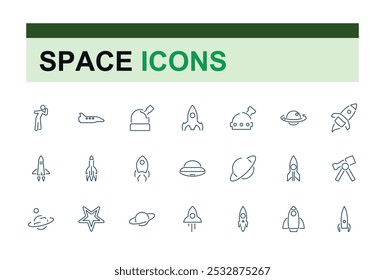 Conjunto de iconos de línea de espacio. Conjunto de iconos de astronomía. Contiene satélites, universo, cohetes, telescopios y planeta. Iconos de línea de Vector, estilo de línea delgada.