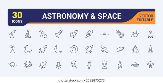 Conjunto de iconos de línea de espacio. Conjunto de iconos de astronomía. Contiene satélites, universo, cohetes, telescopios y planeta. Iconos de línea de Vector, estilo de línea delgada.