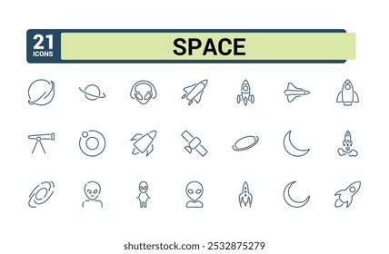 Conjunto de iconos de línea de espacio. Conjunto de iconos de astronomía. Contiene satélites, universo, cohetes, telescopios y planeta. Iconos de línea de Vector, estilo de línea delgada.