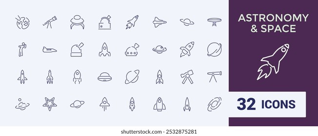 Conjunto de iconos de línea de espacio. Conjunto de iconos de astronomía. Contiene satélites, universo, cohetes, telescopios y planeta. Iconos de línea de Vector, estilo de línea delgada.