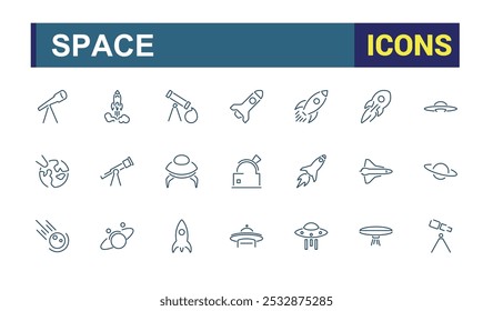 Conjunto de iconos de línea de espacio. Conjunto de iconos de astronomía. Contiene satélites, universo, cohetes, telescopios y planeta. Iconos de línea de Vector, estilo de línea delgada.