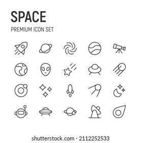 Set of space line icons. Premium pack of signs in trendy style. Pixel perfect objects for UI, apps and web. 