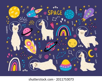 A set with space llamas,spaceships, planets, the moon, stars, rainbows, flying saucers, a spacesuit. Vector illustration with a pattern with cute animal llamas for decorating children's clothes.