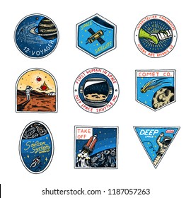 Set of Space logo. Human mission to Mars. Exploration of the astronomical galaxy. Astronaut or spaceman adventure. Planets and satellites badge emblem patch sticker. engraved hand drawn Vintage sketch