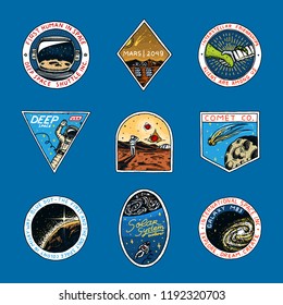 Set of Space logo. Human mission to Mars. Exploration of the astronomical galaxy. Astronaut or spaceman adventure. Planets and satellites badge emblem patch sticker. engraved hand drawn Vintage sketch