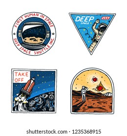 Set of Space logo. Human mission to Mars. Exploration of the astronomical galaxy. Astronaut or spaceman adventure. Planets and satellites badge emblem patch sticker. engraved hand drawn Vintage sketch