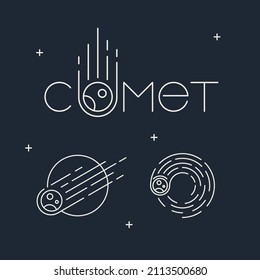 A set of space logos in a fashionable linear style. Minimalism of the comet icon on a dark background outline. The concept of the emblems of the astronomical phenomenon meteorites