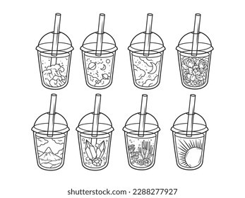 Conjunto de taza mágica espacial. Colección de bebidas cósmicas con sol, espacio, flor, constelación, etc. Celestiales para ir tazas. Ilustración vectorial sobre fondo blanco.