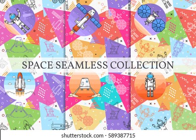 Set of space memphis seamless patterns. Fashion 80-90s. Colorful geometric textures. Vector illustration. Human mission to Mars. Thin line icon.