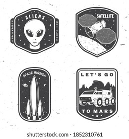 Set of space mission logo, badge, patch. Vector. Concept for shirt, print, stamp. Vintage typography design with space rocket, alien, mars rover and satellite on the moon and earth silhouette.