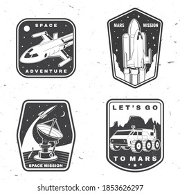 Set of space mission logo, badge, patch. Vector. Concept for shirt, print, stamp, overlay or template. Vintage typography design with space rocket, astronaut on the moon and earth silhouette.