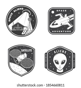 Set of space mission logo, badge, patch. Vector illustration. Concept for shirt, print, stamp. Vintage typography design with space rocket, alien, ufo flying spaceship and satellite silhouette.