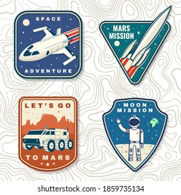 Set of space mission logo, badge, patch. Vector. Concept for shirt, print, stamp, overlay or template. Vintage typography design with space rocket, astronaut on the moon and earth silhouette.