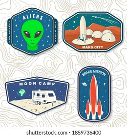 Set of space mission logo, badge, patch. Vector illustration Concept for shirt, print, stamp. Vintage typography design with space rocket, alien, mars city, camper van on the moon and earth silhouette