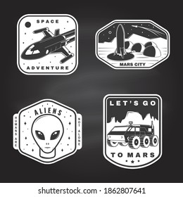 Set of space mission logo, badge, patch. Vector. Concept for shirt, print, stamp. Vintage typography design with space rocket, alien, mars city, camper van on the moon and earth silhouette