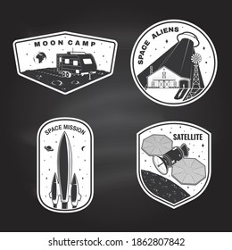 Set of space mission logo, badge, patch. Vector. Concept for shirt, print, stamp. Vintage typography design with space rocket, alien, mars city, camper van on the moon and earth silhouette