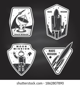 Set Of Space Mission Logo, Badge, Patch. Vector. Concept For Shirt, Print, Stamp. Vintage Typography Design With Space Rocket, Alien, Mars City, Camper Van On The Moon And Earth Silhouette