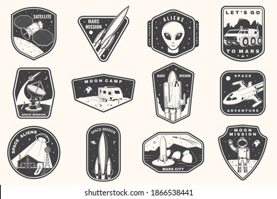 Set of space mission logo, badge, patch. Vector. Concept for shirt, print, stamp. Vintage typography design with space rocket, alien, mars city, camper van on the moon and earth silhouette