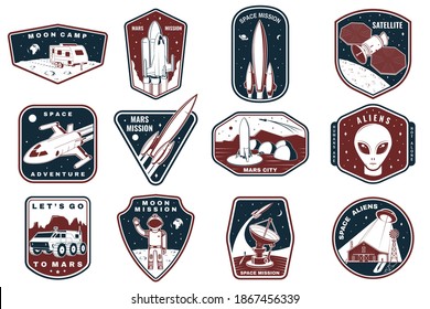Set of space mission logo, badge, patch. Vector. Concept for shirt, print, stamp. Vintage typography design with space rocket, alien, mars city, camper van on the moon and earth silhouette