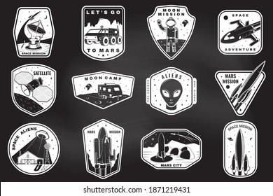 Set Of Space Mission Logo, Badge, Patch. Vector. Concept For Shirt, Print, Stamp. Vintage Typography Design With Space Rocket, Alien, Mars City, Camper Van On The Moon And Earth Silhouette