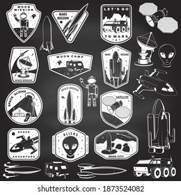 Set of space mission logo, badge, patch. Vector. Concept for shirt, print, stamp. Vintage typography design with space rocket, alien, mars city, camper van on the moon and earth silhouette