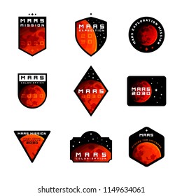 Set of Space mission to Mars vector logos Mars planet drawn in realistic style is main design element of these emblems