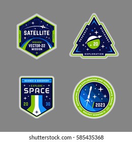 Set of space mission patch badges and logo emblems