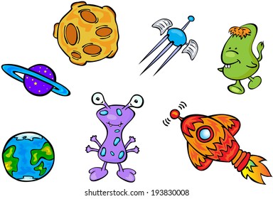 Set of space monsters, planets and rockets. Vector illustration