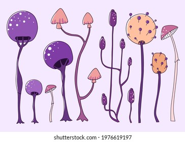 Set of space mushrooms in cartoon style on light background. Vector graphic illustration.