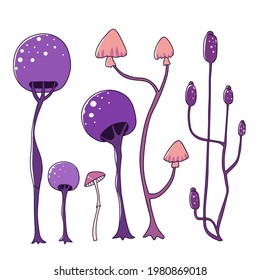 Set of space mushrooms in cartoon style on light background. Vector graphic illustration.
