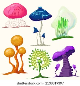 Conjunto de hongos espaciosos de diferentes colores y formas, sobre un fondo claro. Para juegos e ilustraciones fantásticas, hongos vectoriales 
