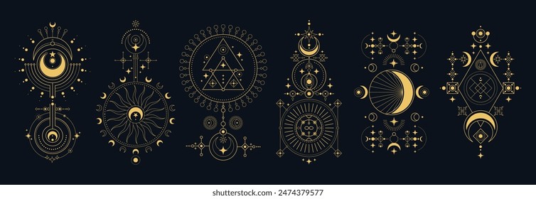 Set of space and mystic sign. Vector night symbols with sun, crescent, moon and planet. Line tarot or occult cards. Universe or cosmos print or galaxy tattoo. Celestial and esoteric badge. Astrology