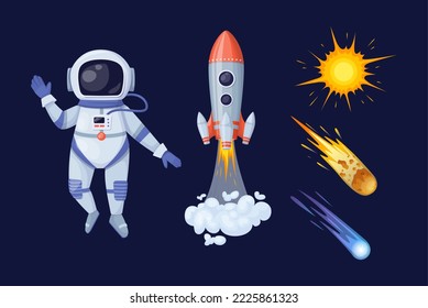 Set of space objects, astronaut floating in outer space. Spaceman, rocket, meteorite, comet space elements. Galaxy discovery, astronomical scientific space research cartoon vector