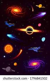 Set Of Space Objects. Black Hole, Planets, Galaxy, Comet, Meteor, Spacesip And Sun On Black Background. Flat Style Illustration