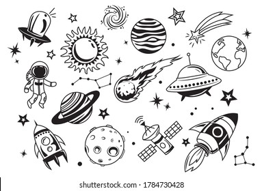 Set of space objects. Collection of space elements rocket, astronaut, satellite, ufo, etc. Cosmic bodies. Astronomy. Vector illustration of cartoon space. Drawing for children.