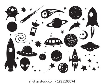 Set of space objects. Collection of space elements rocket, astronaut, satellite, ufo, etc. Cosmic bodies. Astronomy. Vector illustration of cartoon space. Drawing for children.