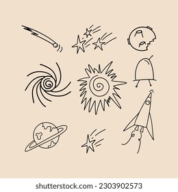 Set of space objects in doodle style.