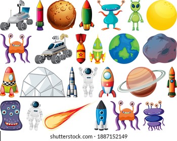 Set of space objects and elements isolated on white background illustration