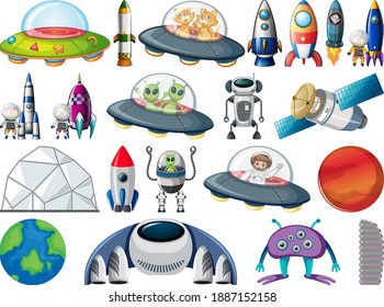 Set of space objects and elements isolated on white background illustration