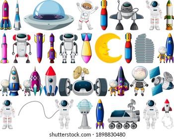 Set of space objects and elements isolated on white background illustration