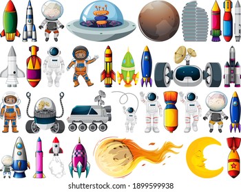 Set of space objects and elements isolated on white background illustration