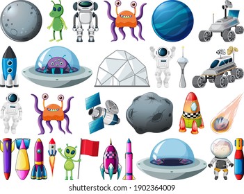 Set of space objects and elements isolated on white background illustration