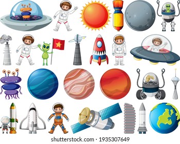 Set of space objects and elements isolated on white background illustration