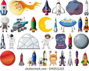 Set of space objects and elements isolated on white background illustration