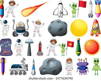 Set of space objects and elements isolated on white background illustration