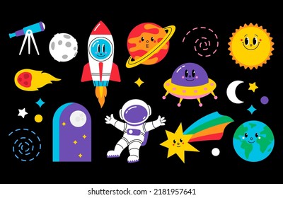 Set of space objects in flat cartoon style - telescope, rocket, ufo, comet, astronaut, planet, star, moon, earth, sun. Childish universe in doodle design.